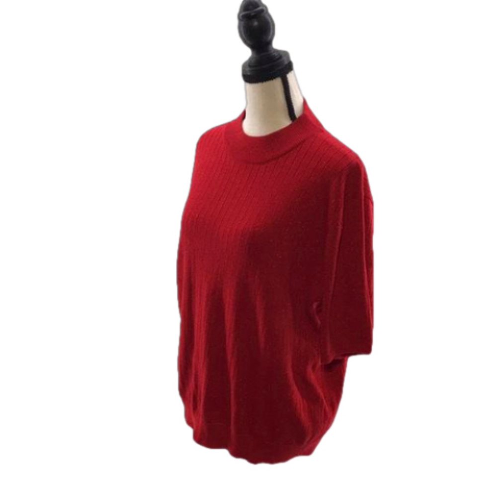 SAG HARBOR—VTG—Wm’s Metallic Holiday Red Mock Turtleneck Short Slv Sweater—Sz 1X